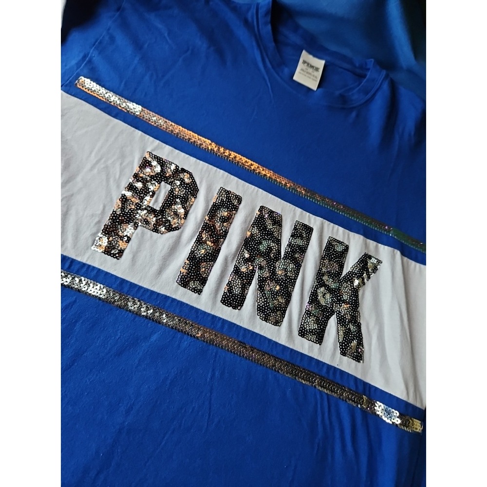 Victoria's Secret Pink Sequin Tee Leopard Colorblock Bling BLUE Kentucky Detroit